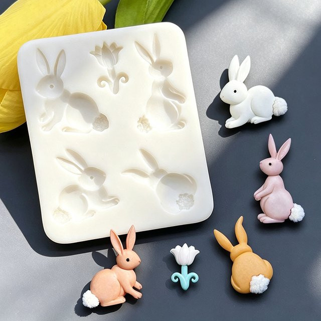 HANDLIFE Silikon Backform Osterhase und Blumen für Schokolade, Cupcakes und Fondant in Grau und Weiß - Bild 1