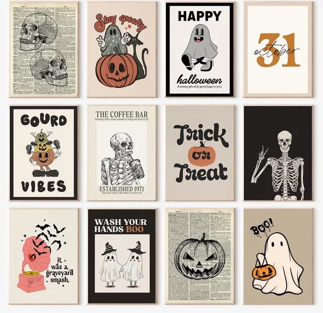 Potdemiel Nordic Halloween Leinwandmalerei mit Cartoon Schädel und Geist als abstrakte Retro Wandkunst für dein Wohnzimmer - Bild 1