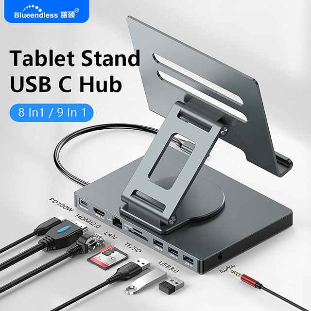 Blueendless 9-in-1 USB-C Hub und iPad-Ständer mit 4K 60Hz HDMI, 100W PD, SD/TF Kartenleser und USB 3.0 5Gbps - Bild 1