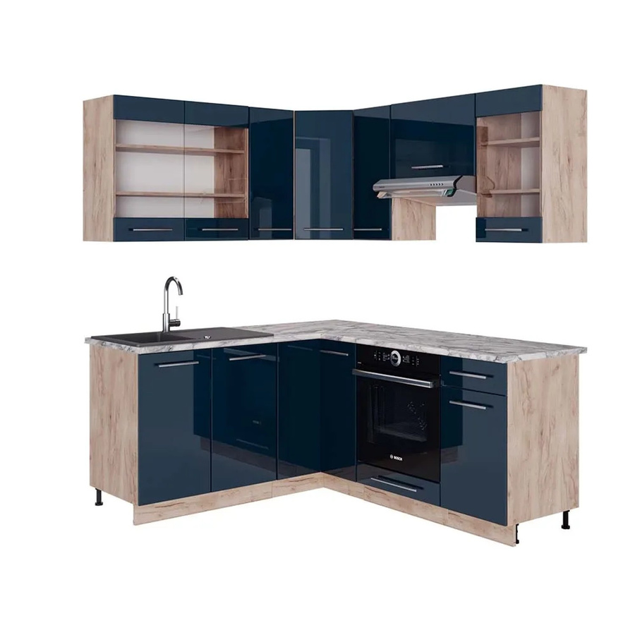 Vicco Eckküche Fame-Line Eiche Dunkelblau Hochglanz mit weißer Marmor-Arbeitsplatte B/T/H: 160 x 190 x 82 cm - Bild 3
