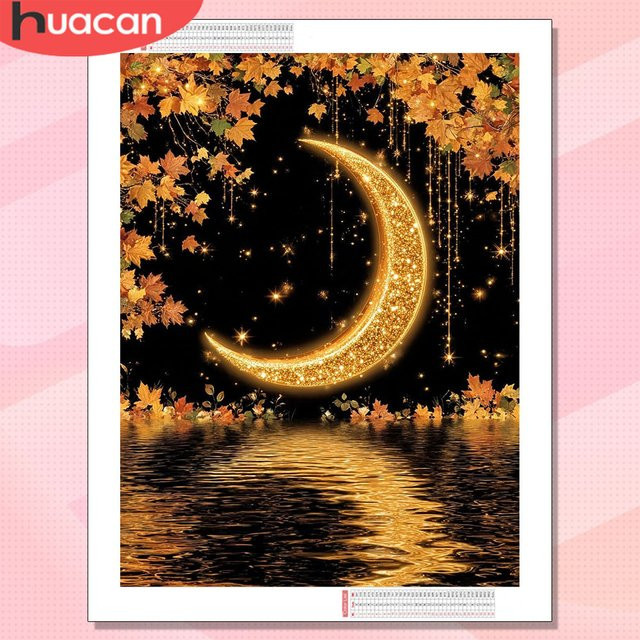 HUACAN Diamant-Kunst-Gemälde Mondlandschaft mit See und Fluss in Gold, abstrakte Stickerei als Heimdekoration für dein Wohnzimmer - Bild 1