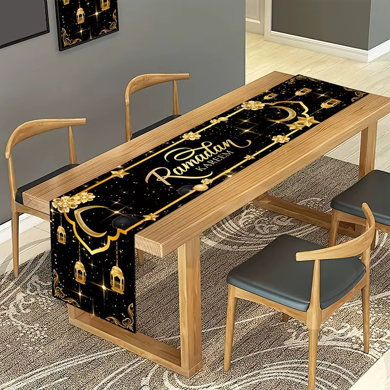 VIKAMA Eid Mubarak Tischläufer aus Polyester mit schwarzer Halbmondlaterne für deine Ramadan-Dekoration, rechteckig, B: 90,0 cm, H: 33,0 cm, T: 33,0 cm - Bild 4