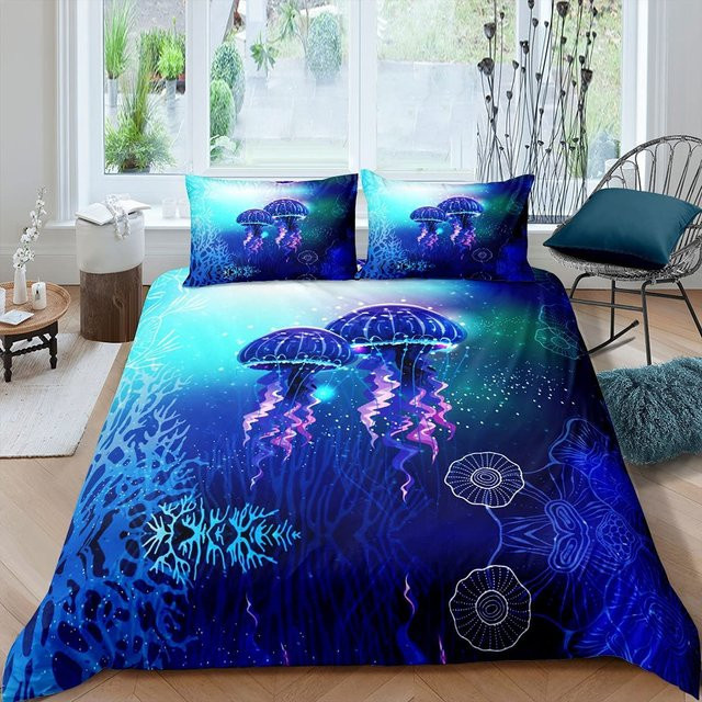Wucifang Bags Bettwäsche-Set Königin-Quallen in Blau mit Motiv Meeres-Tiere für Kinder und Teenager, B/H: 135 x 200 cm - Bild 1