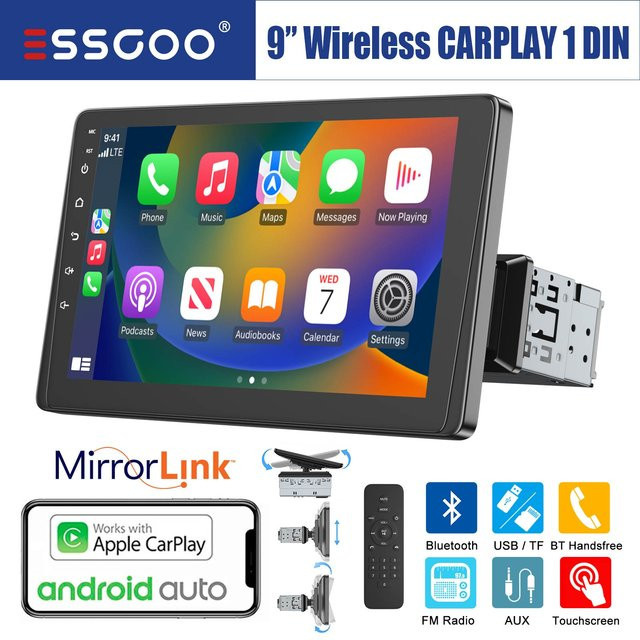 ESSGOO 9-Zoll Single DIN Autoradio in Schwarz mit kabellosem CarPlay, Android Auto, IPS-Bildschirm, Bluetooth, USB und Mirror Link - Bild 1
