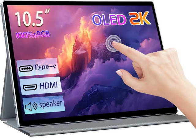 AISHICHEN OLED Tragbarer Monitor 10,5 Zoll 2K QHD Touchscreen in Schwarz mit USB-C und HDMI für Laptop, Mac, Handy sowie PS4/5 und Nintendo Switch - Bild 1