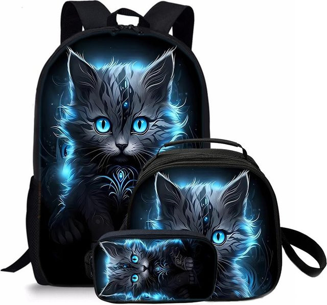 BAOERYE 3-teiliges Set für Kinder mit Katzen-Motiv bestehend aus Rund-Lunchtasche, Federmäppchen und flachem 2D Cartoon-Rucksack in Blau - Bild 1