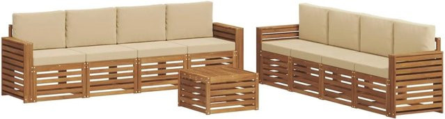 vidaXL Sofagarnitur aus Massivholz Akazie in Natur und Beige, 9-teiliges Set mit Tisch und Sesseln inklusive Kissen - Bild 1