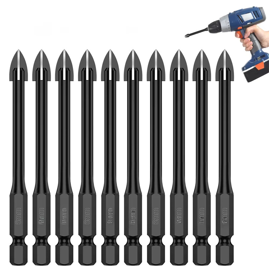 Toorise 10er Set Multifunktions Hartmetall Bohrer mit Kreuz Hex Spitze für Fliesen Porzellan Glas und Spiegel in Schwarz, Durchmesser: 6 mm - Bild 7