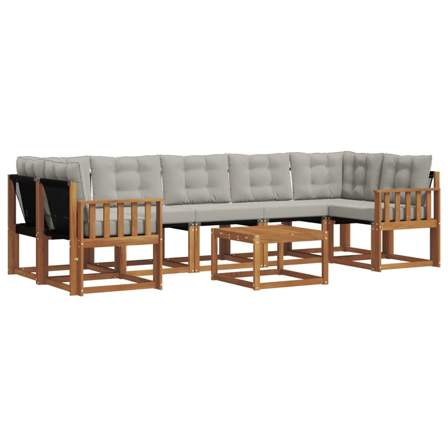 vidaXL Outdoor-Sofagarnitur 8-teilig aus Akazienholz und Textilene in Natur und Hellgrau mit Kissen und Armlehnen - Bild 2