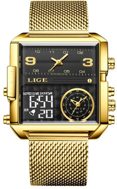 LIGE Armbanduhr, Quarz, Analog-Digital, Eckig, Leder, Schwarz/Gold, Herren - Bild 1