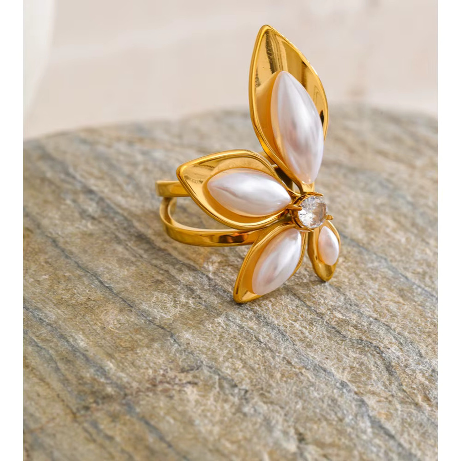 Yhpup Edelstahl-Ring, Perle, Gold, Blume - Bild 2