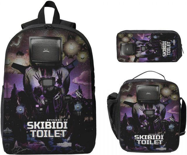 3-teiliges Schulranzen-Set von Fancy Style Studio mit Skibidi Toiletten Motiv, Rucksack, Federmäppchen und Brotdose in Grau und Multicolour - Bild 1