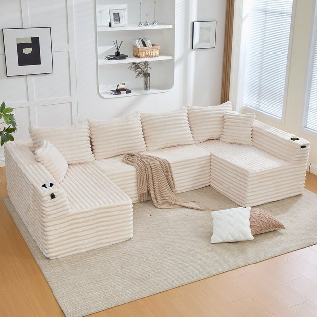 Modernes U-förmiges Cord-Ecksofa von LVHOM in Beige, modulares und frei kombinierbares Sofa mit integriertem Getränkehalter, Seitentasche und Federkernkissen inklusive 4 Rückenkissen und 2 Dekokissen - Bild 1