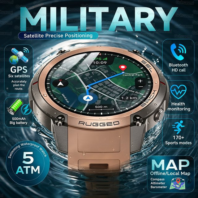 TAVYU Militär-GPS-Smartwatch für Männer mit 1,43 Zoll AMOLED Display, Bluetooth Anruffunktion, Kompass, 5ATM Wasserdicht, 500mAh Akku und 170+ Sportmodi, Schwarz - Bild 1