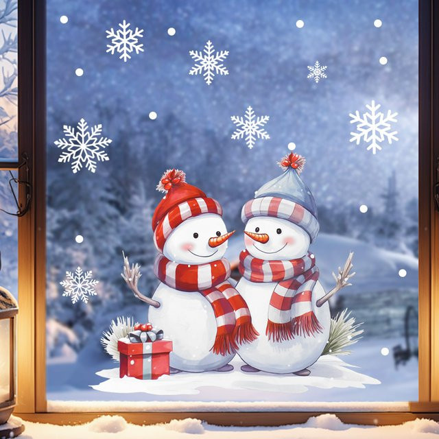 ZQNYCY Weihnachts-Fensteraufkleber mit Cartoon-Schneemann und Schneeflocken für Fenster und Glas zur Weihnachts- und Neujahrsdekoration - Bild 1