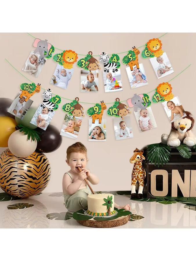 ZQNYCY Fotobanner Safari Dschungel Papiergirlande mit Tierprint für den 1. Geburtstag, Mehrfarbig - Bild 4
