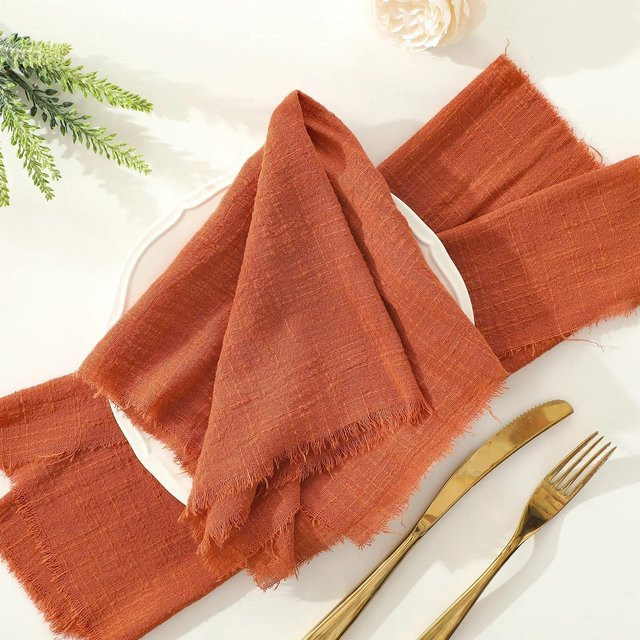 10 Stück YT Daily Necessities Baumwoll-Gaze-Servietten mit Fransen, Farbe: Beige mit blauer Kante oder Orange, B/B: 32 x 32 cm, wiederverwendbar und rustikal für Hochzeiten und Partys - Bild 1