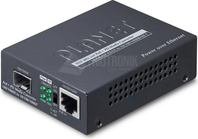 PLANET Industrial Gigabit Ethernet Converter GT-805A-PD mit 802.3at PoE+ in Schwarz - Bild 1