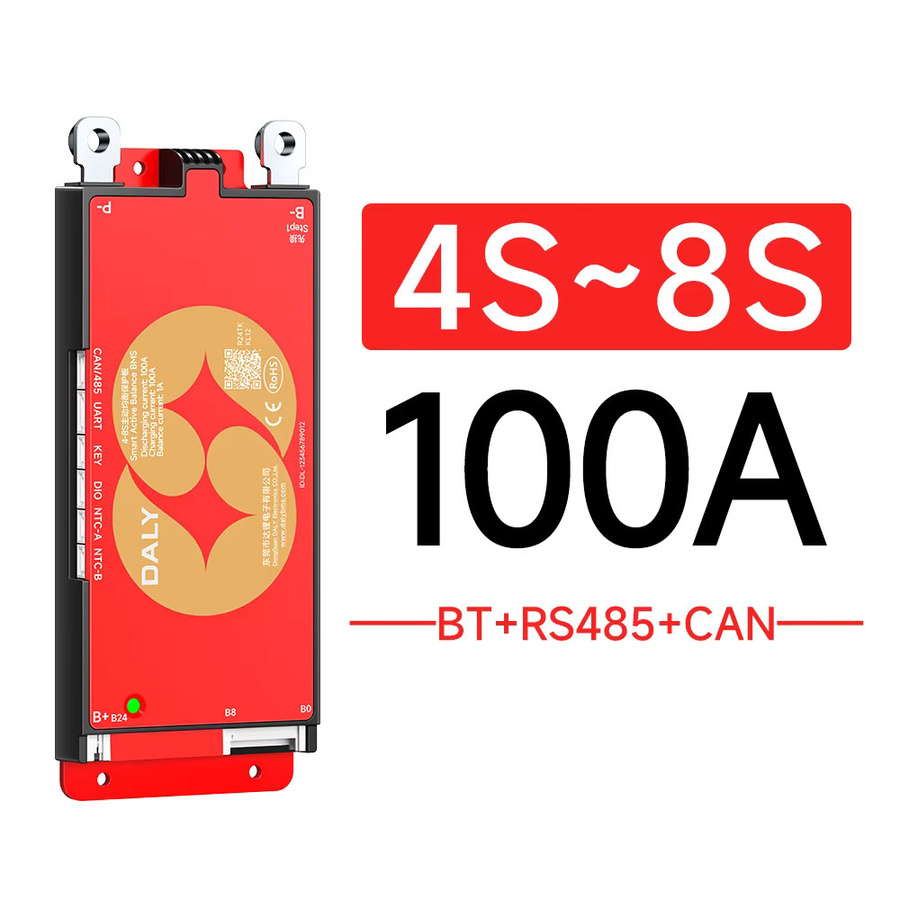 DALY Smart BMS 12V 24V 100A mit Bluetooth und 1A aktivem Ausgleich für LiFePO4 und Lithium-Ionen-Akkus, RS485 und CAN, Rot - Bild 2
