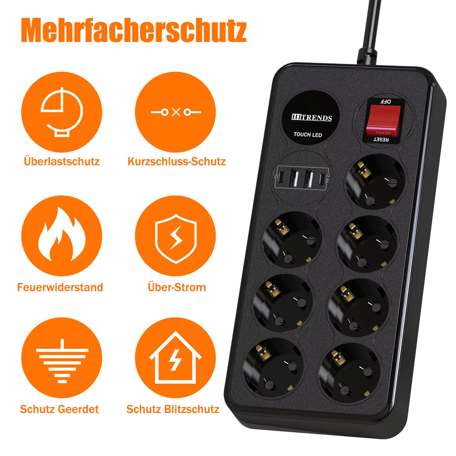 HITRENDS 11-in-1 Multifunktionssteckdosenleiste mit 7 AC-Steckplätzen und 4 USB-Schnellladeanschlüssen, Schwarz, 1,8 m Kabel mit Touch-LED und Sicherheitsschutz - Bild 6
