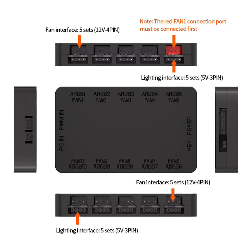 TEUCER J-10E 10 in 1 Hub Schwarz: 12V 4Pin PWM und 5V 3Pin ARGB Adressierbarer RGB Splitter für PC Lüfter und Kühler - Bild 3