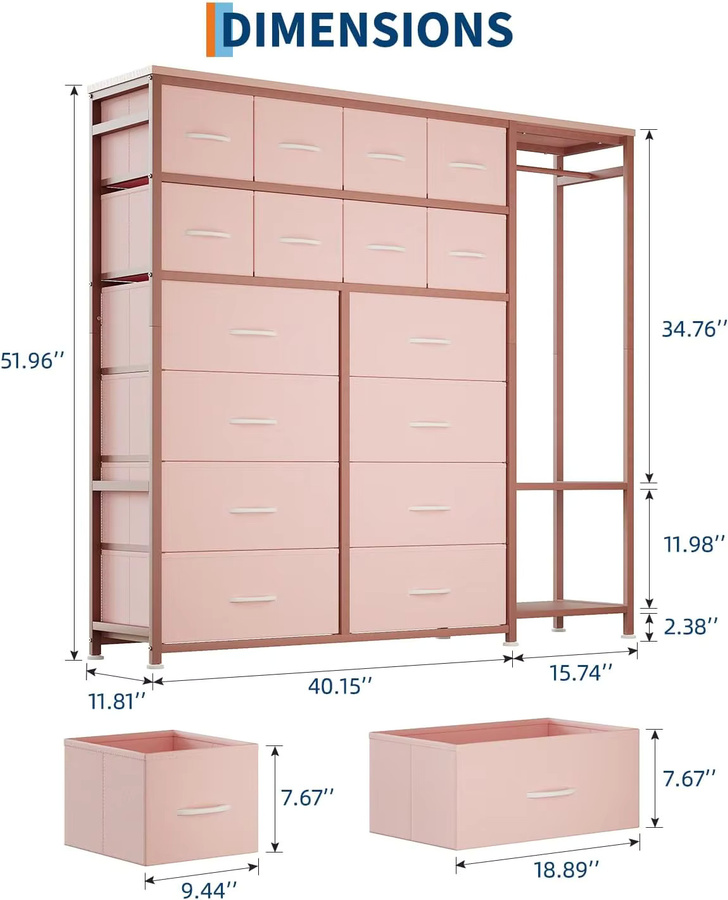 HiMISS Kommode in Pink mit 16 Schubladen, Kleiderständer und 2 Regalen für Schlafzimmer und Wohnzimmer - Bild 3