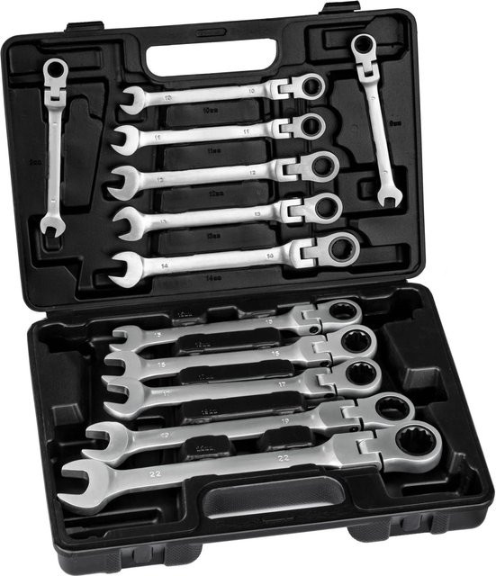 Tectake Ratschenschlüsselsatz 12-teilig aus Chrom-Vanadium in Schwarz und Silber mit Kunststoffkoffer, B/T/H: 33 x 24 x 5,5 cm - Bild 1