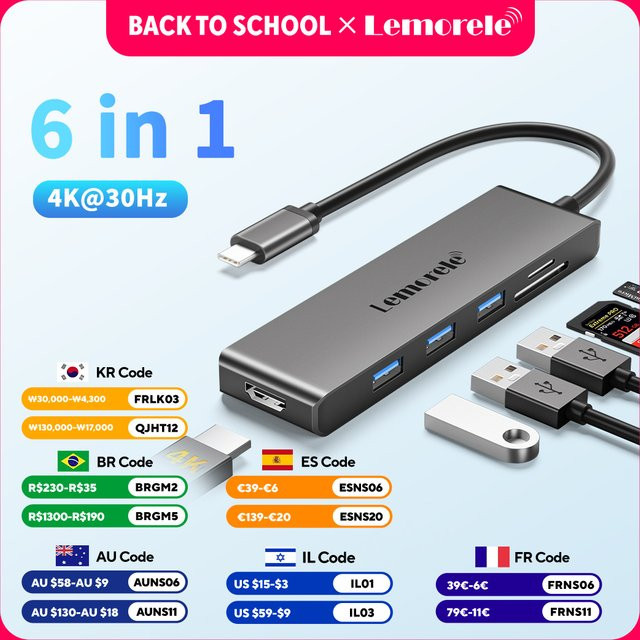 Lemorele 6-in-1 USB C Hub Dockingstation in Grau mit HDMI 4K, USB A 3.0 und TF SD Kartenleser für Laptop und Tablet - Bild 1