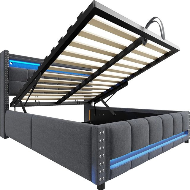 okwish Polsterbett mit LED, USB-C Anschluss und Stauraum durch Hydraulik, Dunkelgrau, B/T/H: 160 x 200 x 115 cm - Bild 1