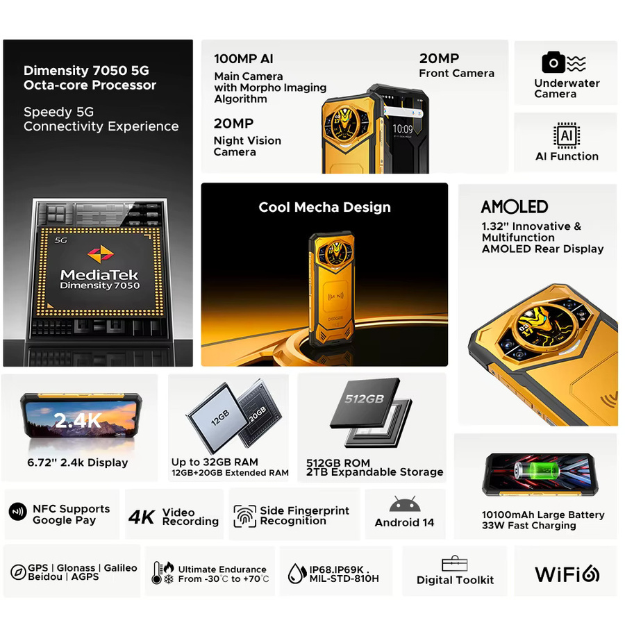 DOOGEE S200 X 5G Robustes Smartphone in Schwarz mit 6,72 Zoll Display, 1,32 Zoll AMOLED-Rückdisplay, 12 GB RAM, 512 GB Speicher und 10100 mAh Akku - Bild 2