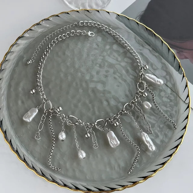 imixlot Choker-Halskette, Imitationsperlen, Quasten-Anhänger, Silber, Damen - Bild 1