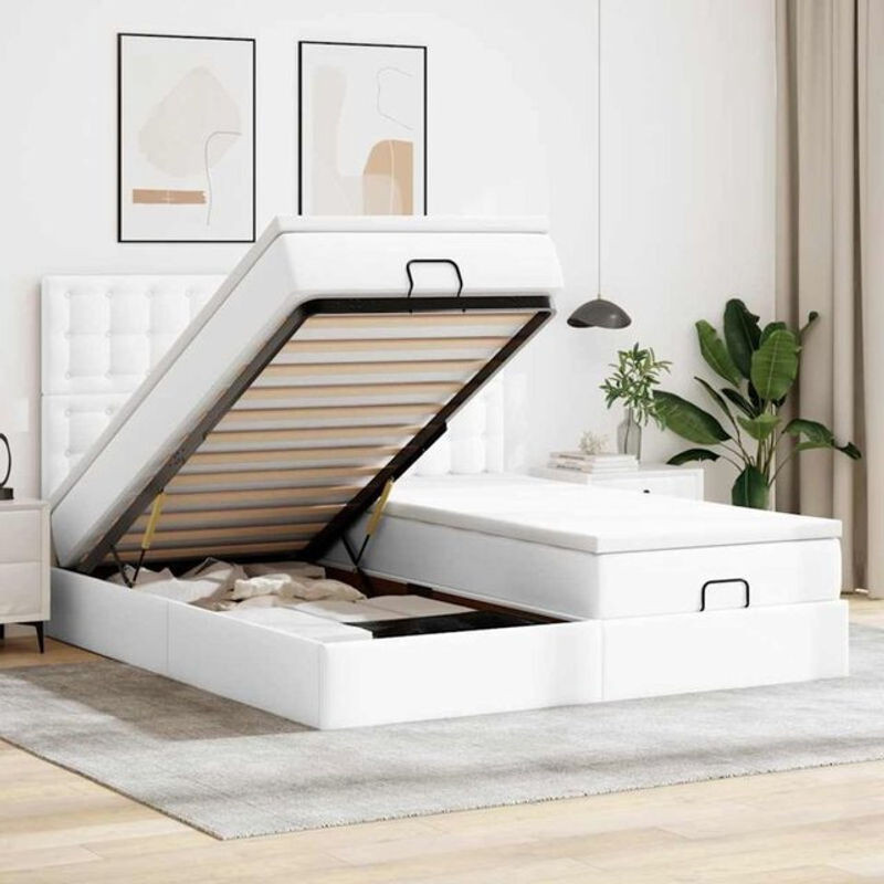 vidaxl Ottoman Polsterbett mit Matratzen und LED in Weiß aus Kunstleder B/T/H: 200 x 200 x 128 cm - Bild 1