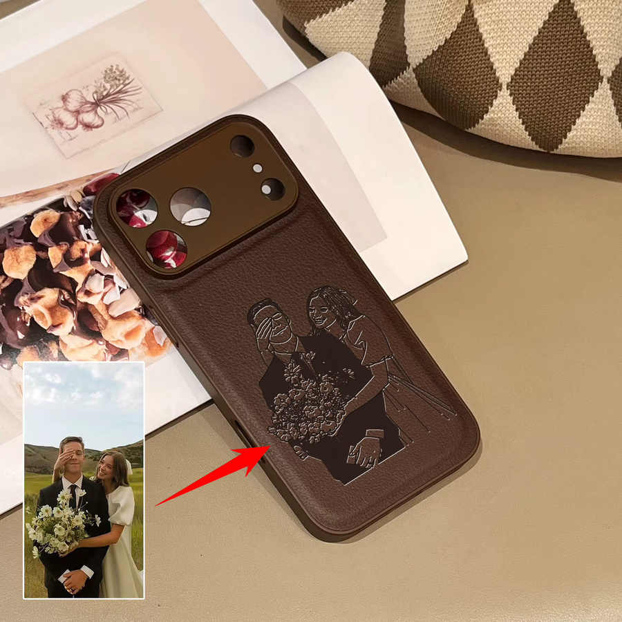 Personalisierte iPhone Schutzhülle mit Lasergravur für dein individuelles Porträt von Familie, Paar oder Haustier in Beige und Braun für iPhone 17 16 15 14 13 Pro Max Plus Air - Bild 2