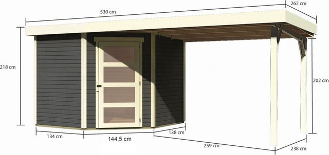 Karibu Gartenhaus SCHWANDORF 5 aus Holz in Terragrau mit Anbaudach und Flachdach - Bild 1