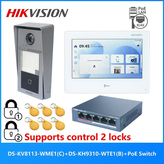 Hikvision PoE-Video-Gegensprechsystem-Kit mit DS-KV8113-WME1(C), DS-KH9310-WTE1(B) und PoE-Switch - Bild 1