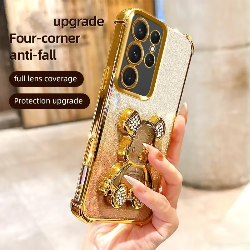 Stoßfeste Samsung Galaxy Handyhülle mit Glitzer Bär Design und Ständer für Galaxy S25 Ultra, S24 FE, S23 Plus, S22 und S21 in Silber/Multicolour - Bild 3