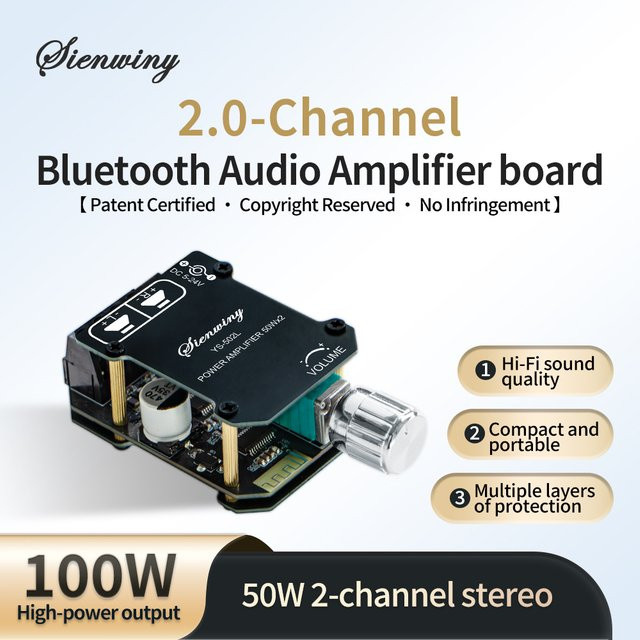 YS-502L Bluetooth 5.1 Audio-Verstärkerplatine, 100W Stereo-Leistungsverstärkermodul in Schwarz mit 2.0-Kanal, AUX und Lautstärkeregelung - Bild 1