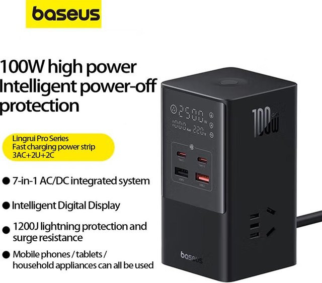 Baseus vertikale digitale Steckdose 100W Schnellladestation mit USB-C in Schwarz - Bild 1