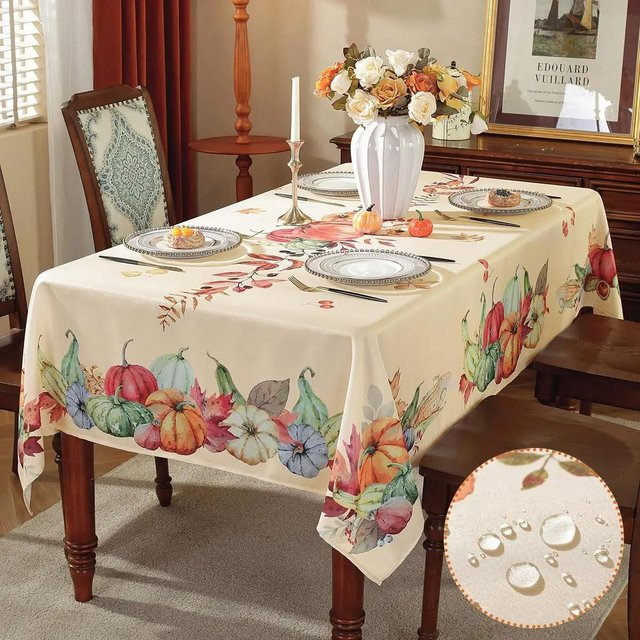 JINGYUE Pet Herbst Tischdecke mit Kürbis-Motiv, beige, rechteckig, wasserabweisend, B: 180 cm, T: 145 cm - Bild 1