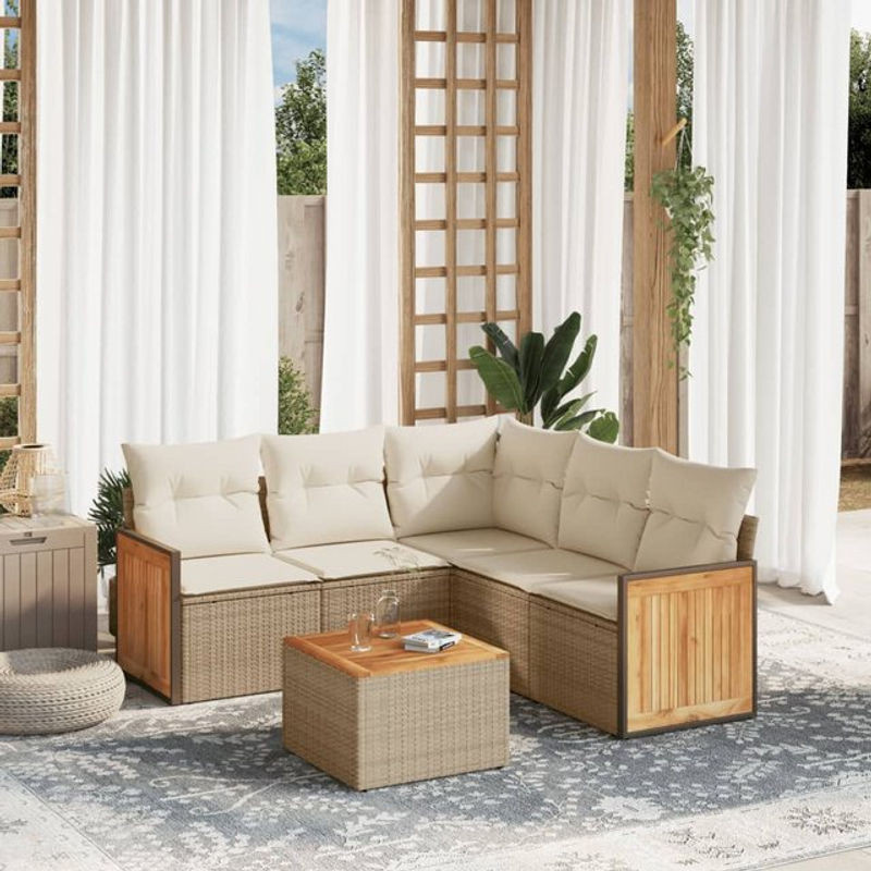 Vidaxl Gartenmöbel-Set aus Polyrattan mit Kissen, 6-teilig, Beige, Modernes Design - Bild 1