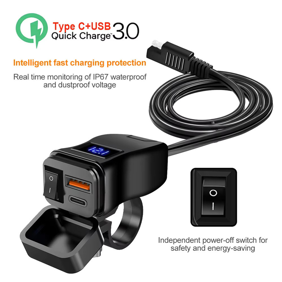 Wasserdichtes Motorrad USB Ladegerät für Lenker mit PD und QC3.0 Dual USB Buchsen, 60 W, 12 V Netzteil Adapter mit Schalter und Voltmeter, Schwarz - Bild 2