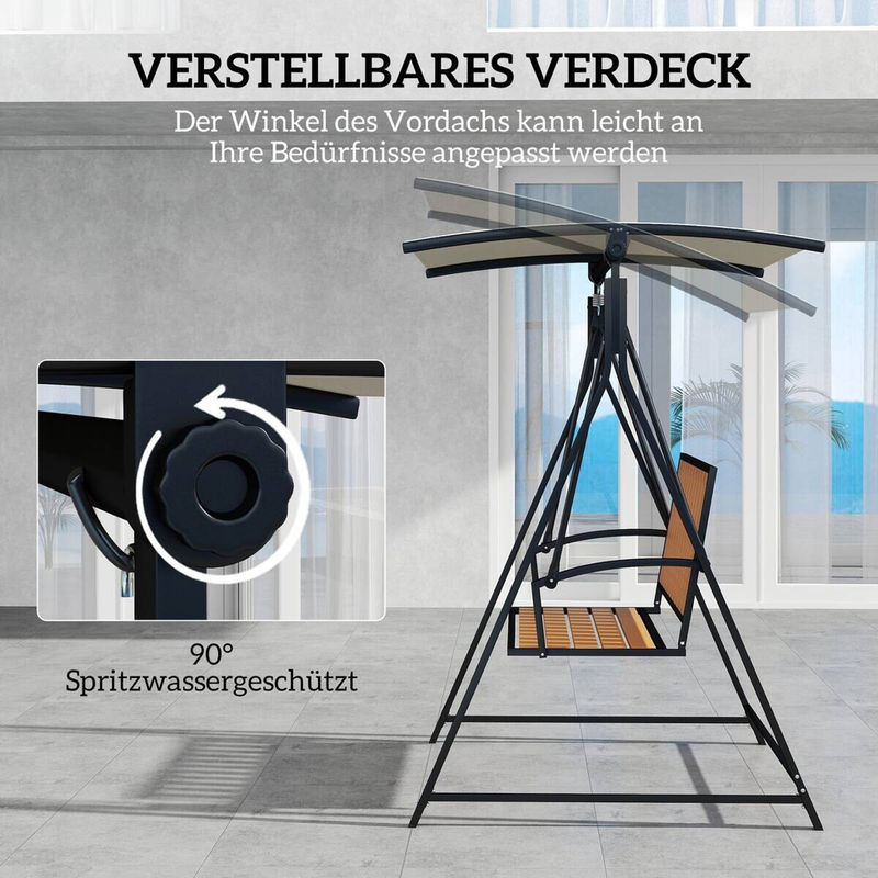 Outsunny Hollywoodschaukel 2-Sitzer aus Metall mit verstellbarem Sonnendach, Schwarz/Beige, B/T/H: 142 x 112 x 162 cm - Bild 5