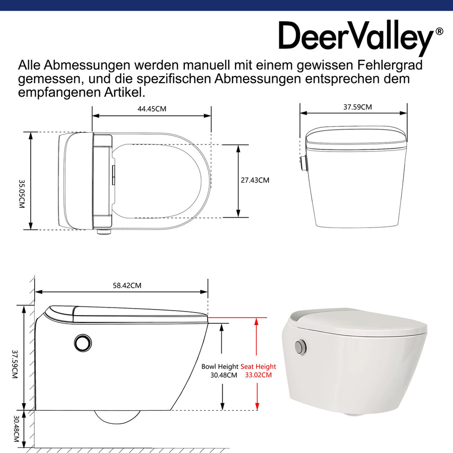DeerValley Dusch-WC-Set mit Bidet-Funktion und Rahmeneinheit in Weiß mit Sitzheizung und automatischer Deckelöffnung - Bild 3