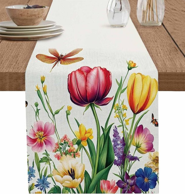 JINGYUE Pet Tischläufer aus Leinen mit Frühlings-Tulpen-Blumenmuster in Beige und Multicolour, Breite: 150 cm, Breite: 33 cm - Bild 1