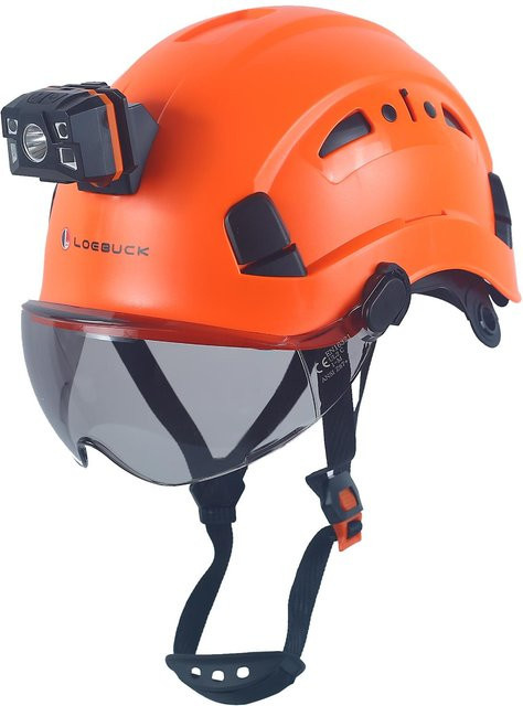 LOEBUCK Schutzhelm in Orange mit Schutzbrille und LED-Scheinwerfer, industrieller Hartschalenhelm nach EN 397 für Bauarbeiten, Kopfumfang: 53-64 cm - Bild 1