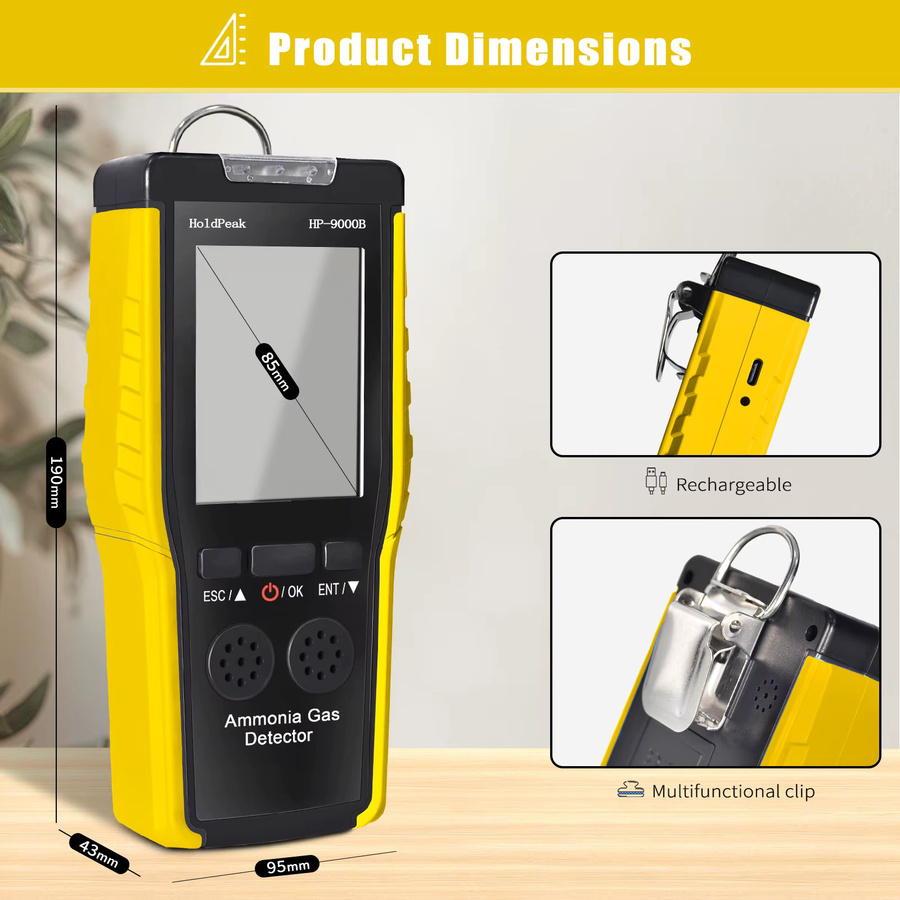 HoldPeak HP-9000B Ammoniak-Gasdetektor für kontinuierliche quantitative Analyse, tragbarer Sensor 0-100ppm, gelb, mit LCD-Bildschirm und Dual-Alarm, wiederaufladbar - Bild 2