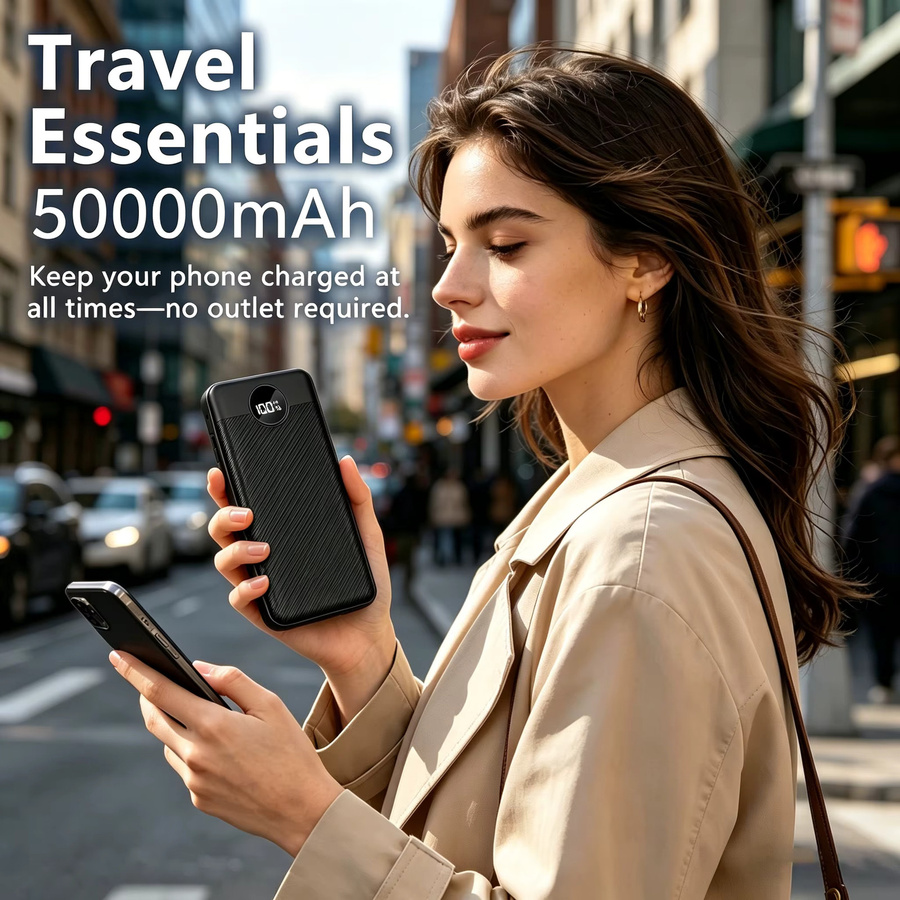 InTessry Hochleistungs-Powerbank mit 50000mAh, 66W Schnellladefunktion, 3 Ausgängen und Digitaldisplay in Schwarz oder Weiß - Bild 6