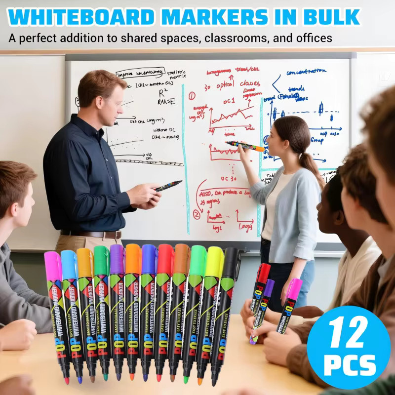 Whiteboard-Marker-Set mit 12 Farben, abwischbare und nachfüllbare Marker mit Bullet-Spitze für Büro und Bildung - Bild 4