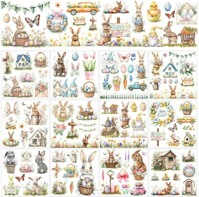 12 Blatt Osterhasen Transferaufkleber zum Basteln aus PVC, Multicolour - Bild 1