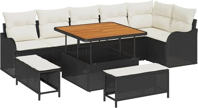 vidaXL Garten-Sofa-Set 9-tlg. mit Kissen und integriertem Stauraum in Schwarz und Beige - Bild 1